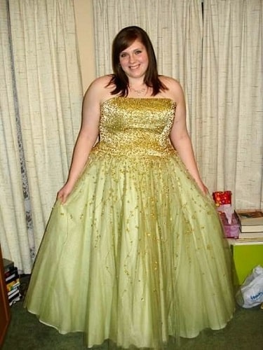 Anna, age 17, models her A-line, light green with gold sequins prom dress, excited she found a dress to fit her size 20 body